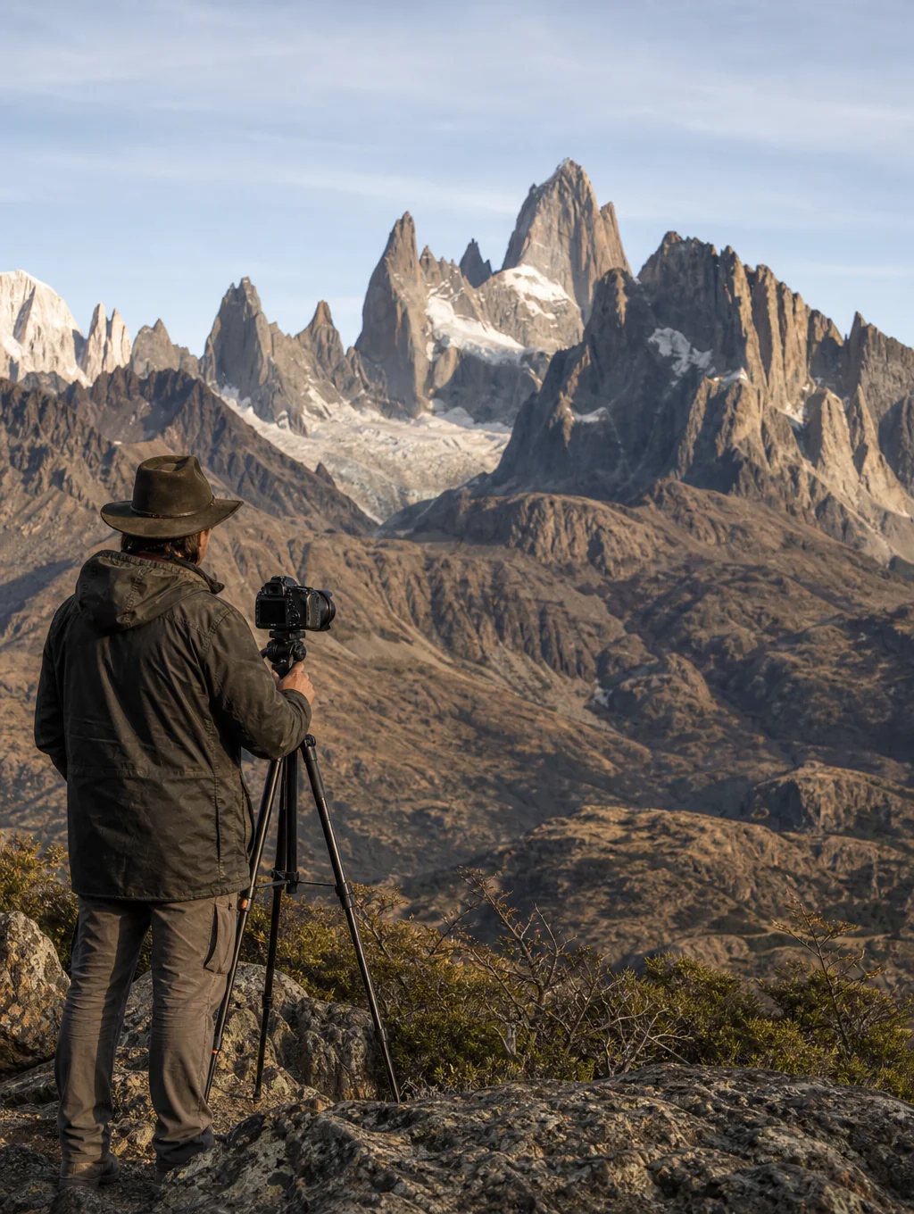 Landscape photographer standing in the rugged mountains of Patagonia