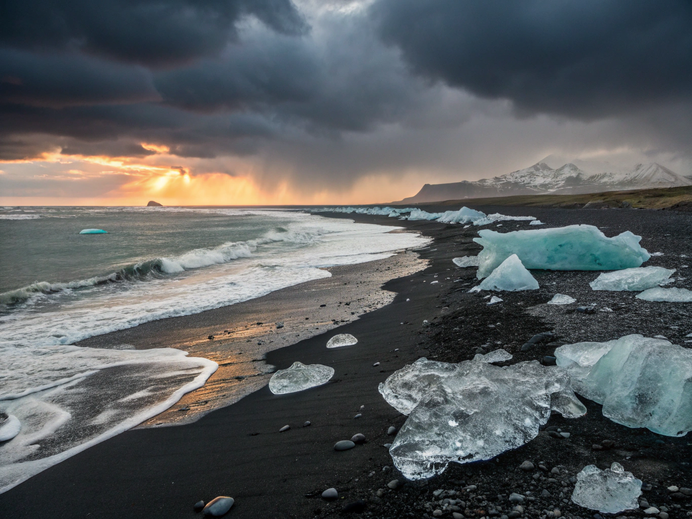 Sculpted glacial ice stranded upon deep basalt volcanic sands