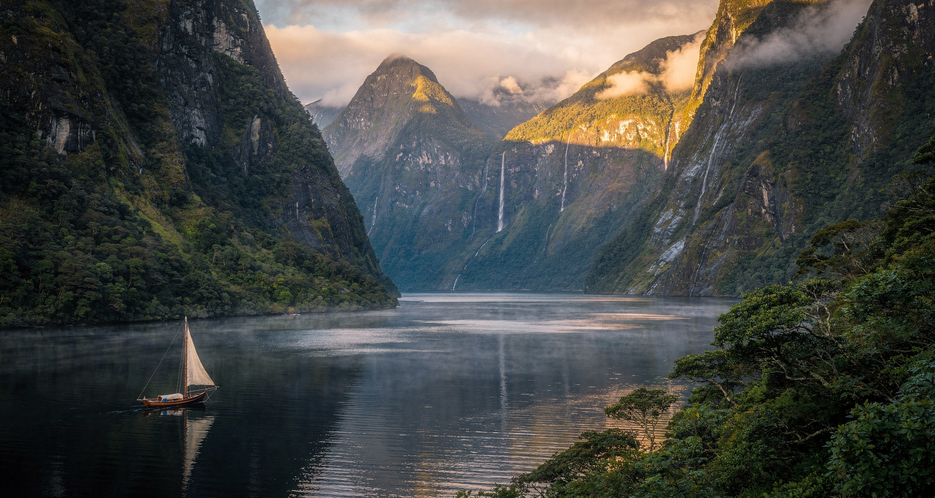 Cascading waterfalls and morning mist wrapping around dramatic fiord peaks