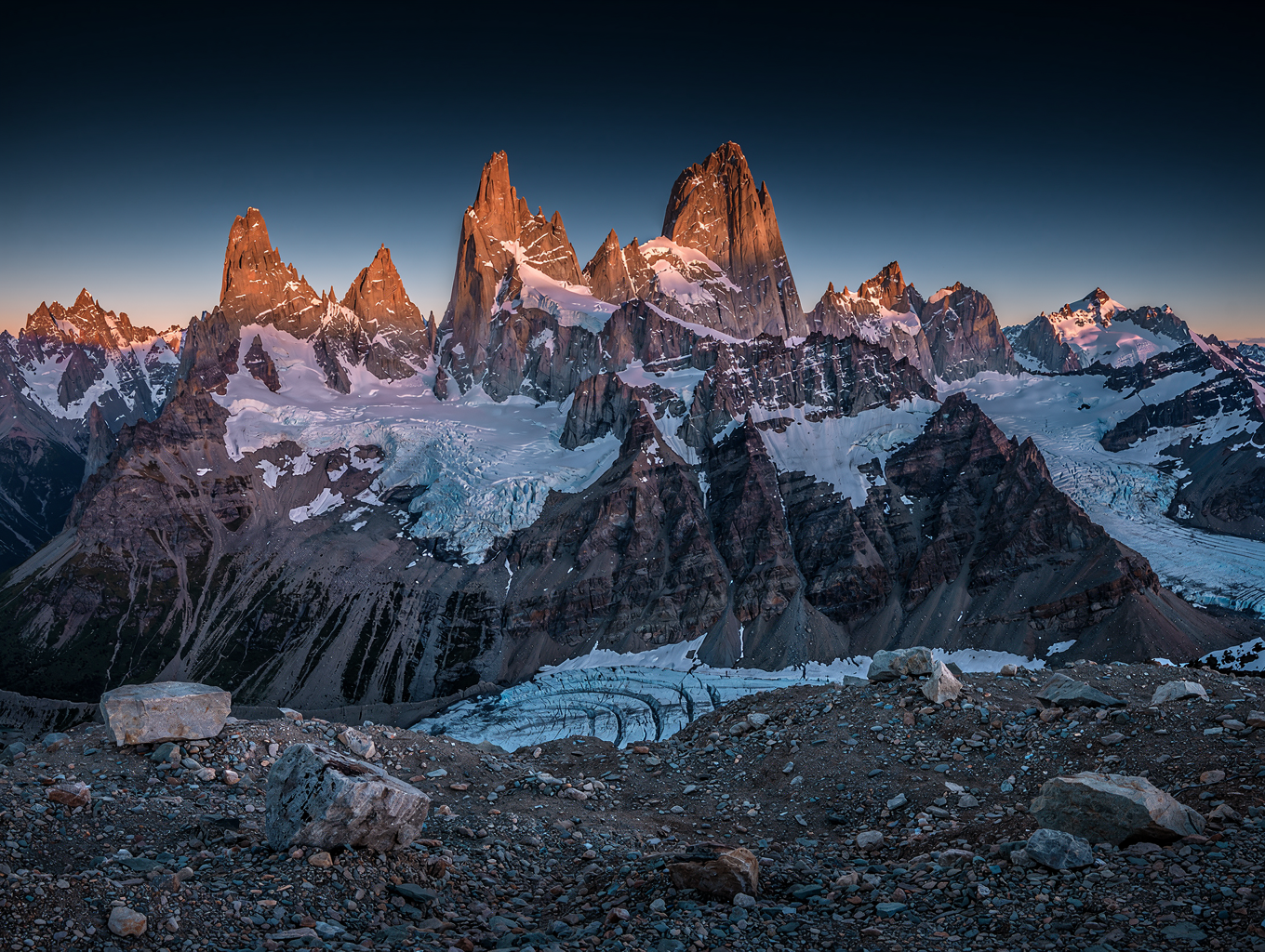 Panoramic view of Patagonian mountain peaks at sunrise