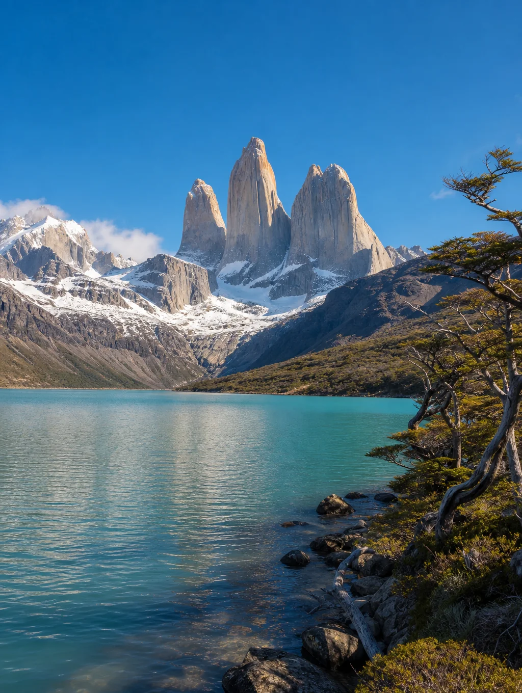 Three massive granite spires glowing incandescent amber at sunrise